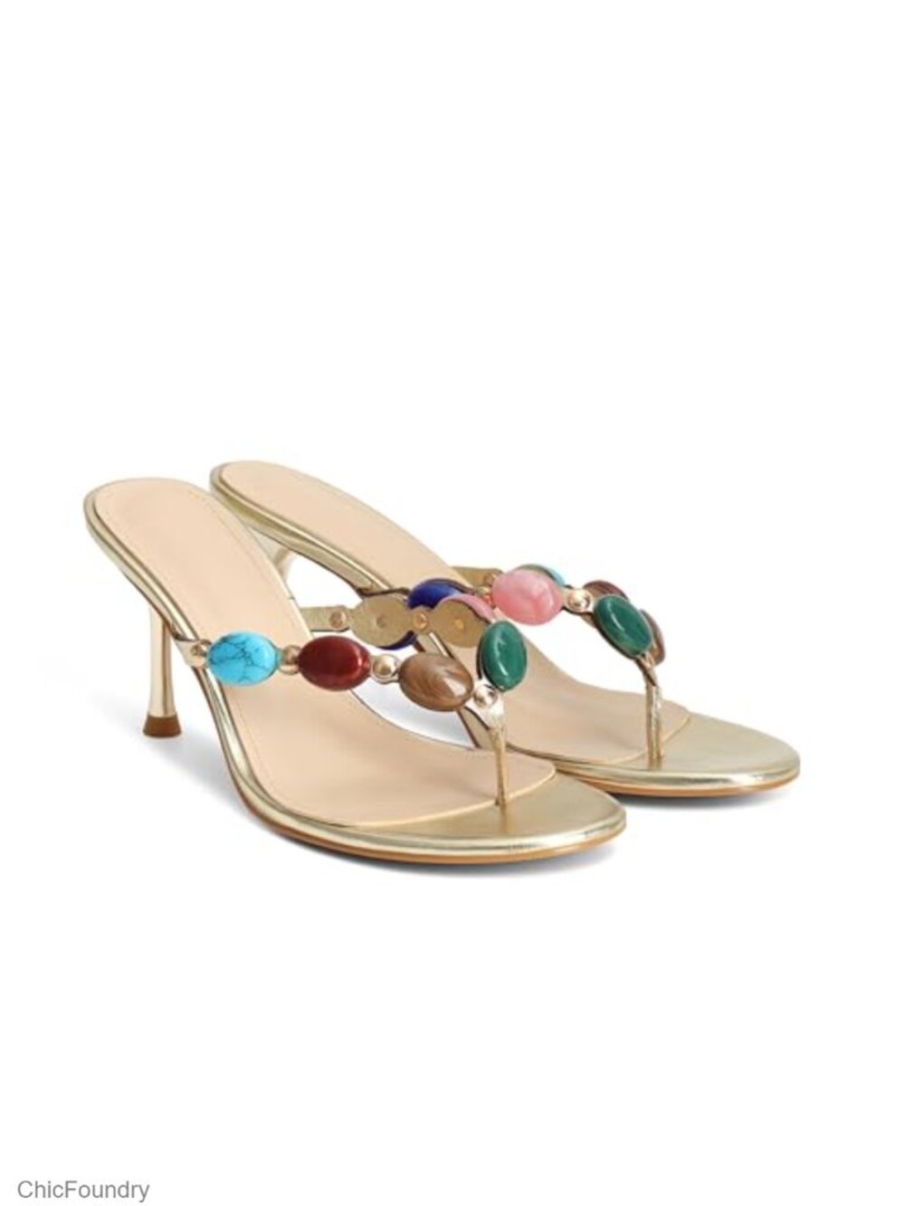 Jeweled Thong Kitten Heel Sandals for Women β Slip On Beaded Open Toe Heels